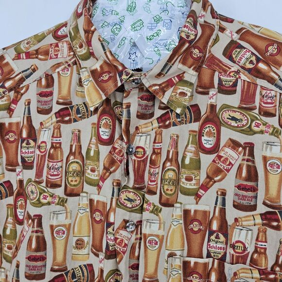 VTG Johnny Cotton Shirt Mens Extra Large Button Up Beers All Over Print USA XL‎ - Picture 2 of 9